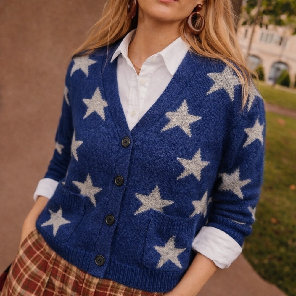 Sea New York Star Print Alpaca Blend Cardigan Blue Button Front Sweater S